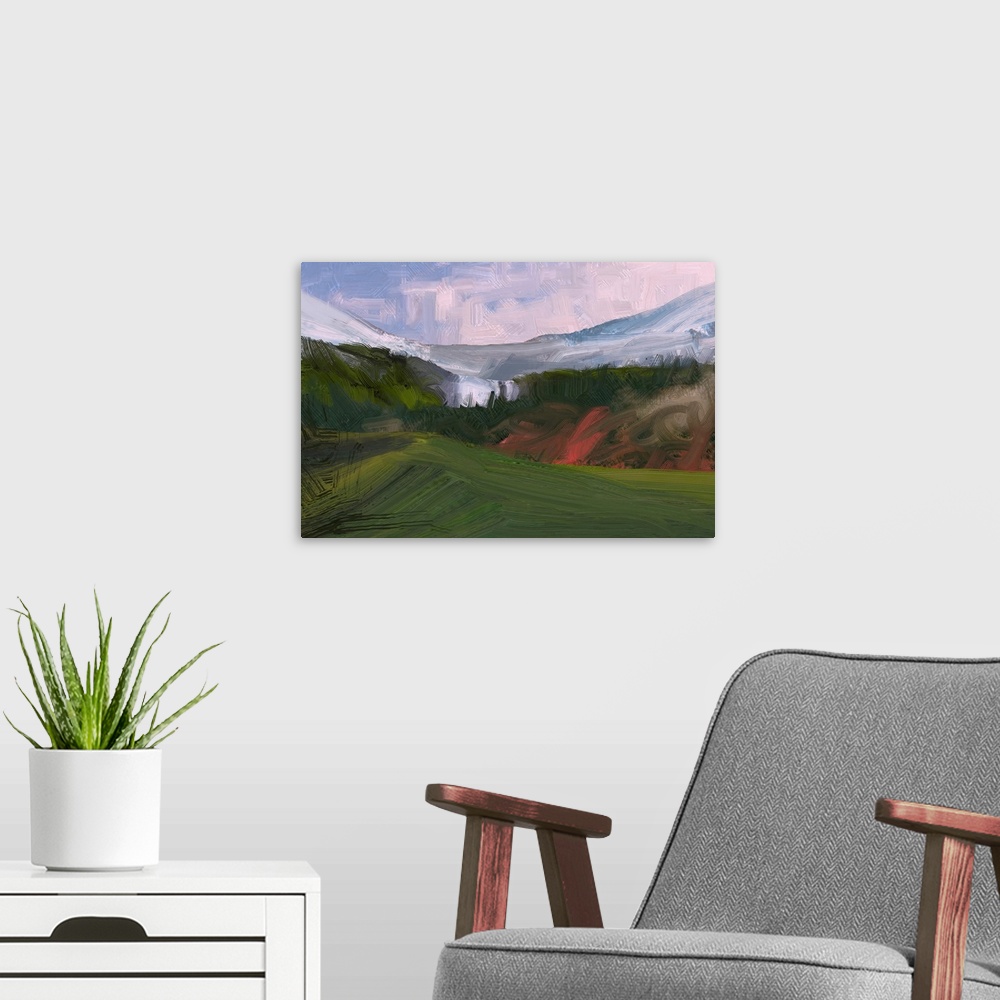 A modern room featuring 2D illustration. Originally an oil painting, landscape art. Rural mountain region. Colorful green...