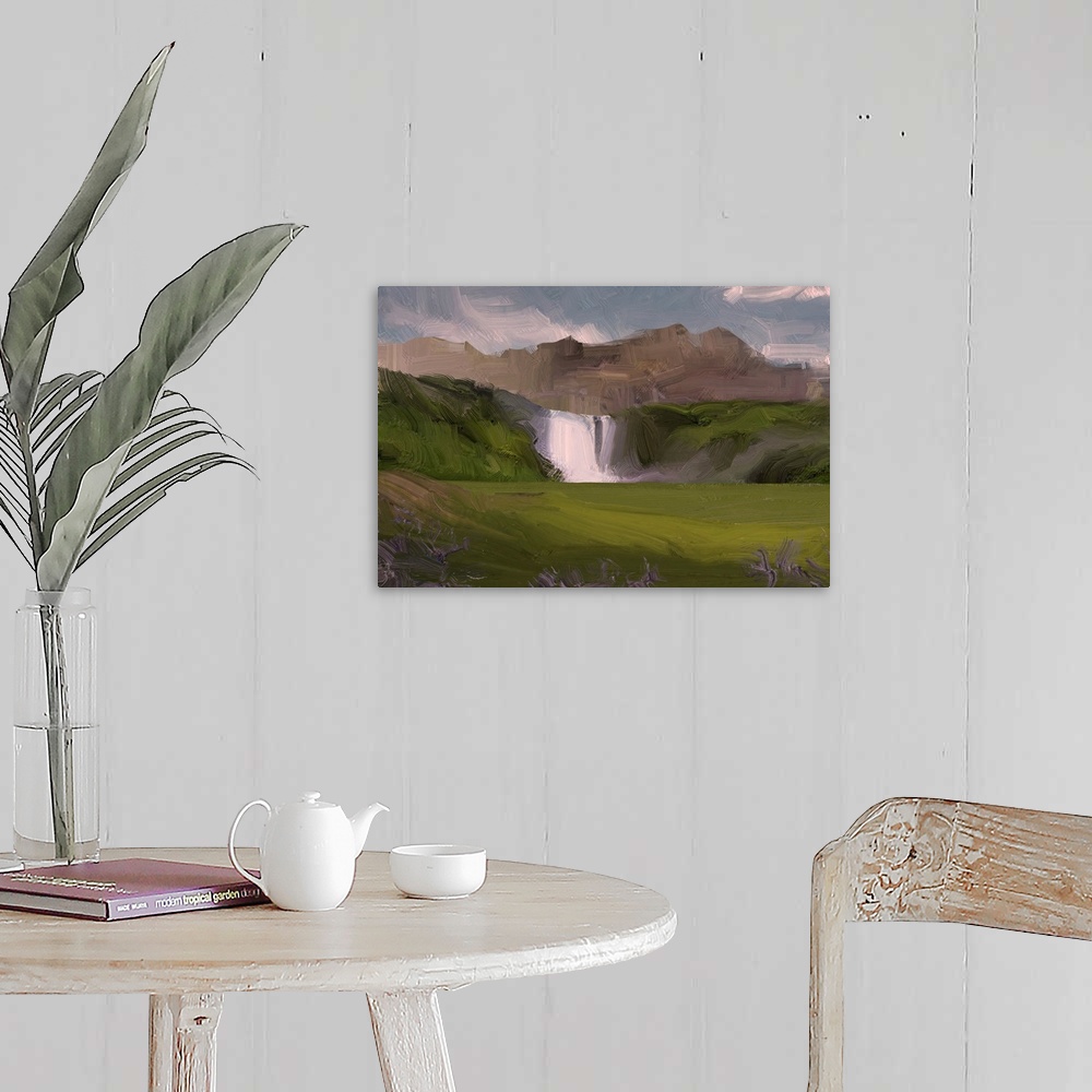 A farmhouse room featuring 2D illustration. Originally an oil painting of landscape art. Rural mountain region. Colorful gre...