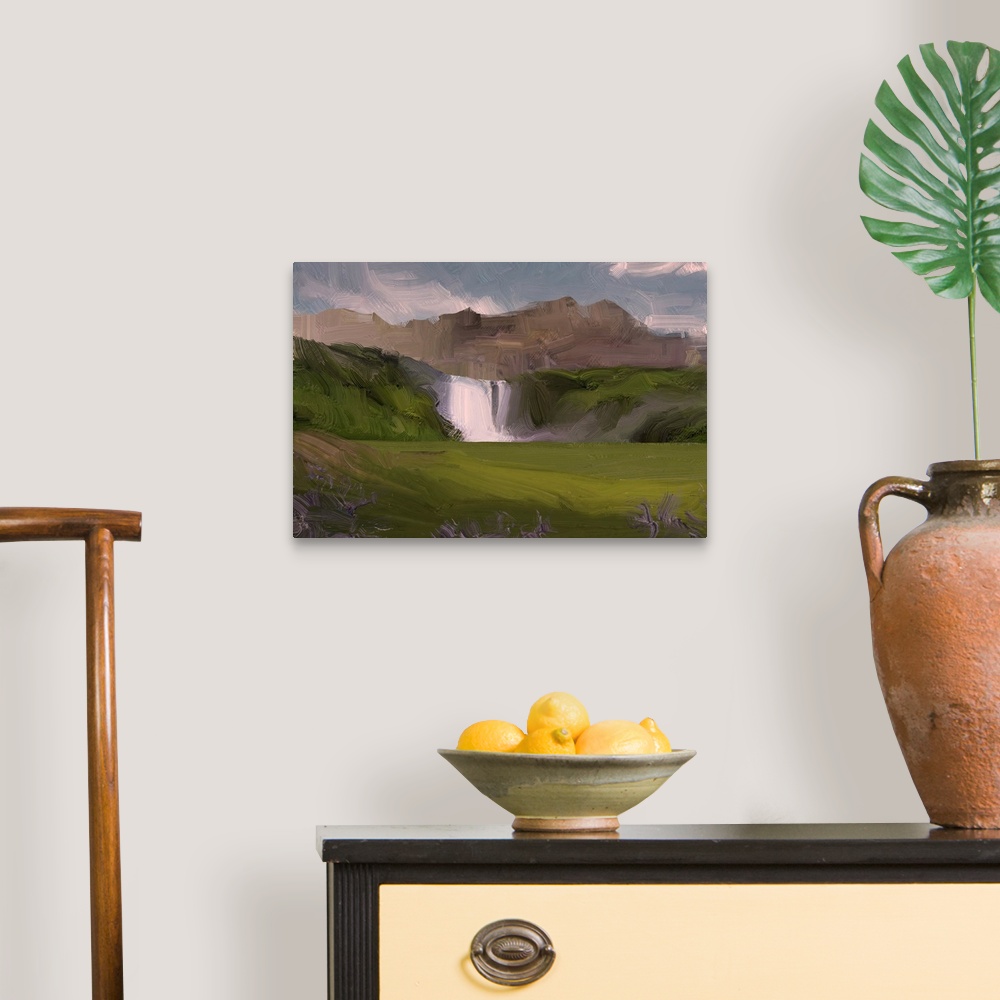 A traditional room featuring 2D illustration. Originally an oil painting of landscape art. Rural mountain region. Colorful gre...