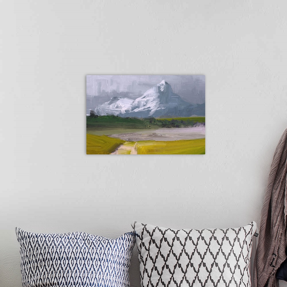 A bohemian room featuring 2D illustration. Originally an oil painting of landscape art. Rural mountain region. Colorful gre...