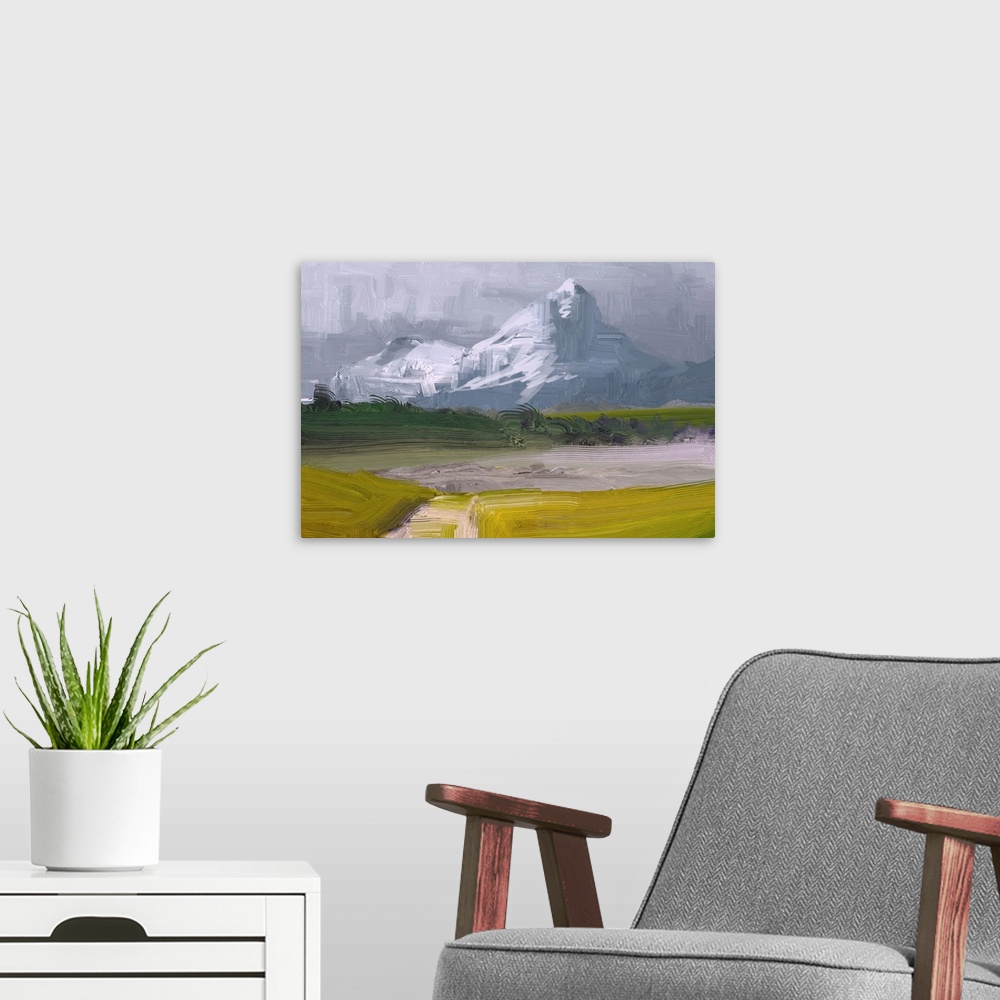 A modern room featuring 2D illustration. Originally an oil painting of landscape art. Rural mountain region. Colorful gre...
