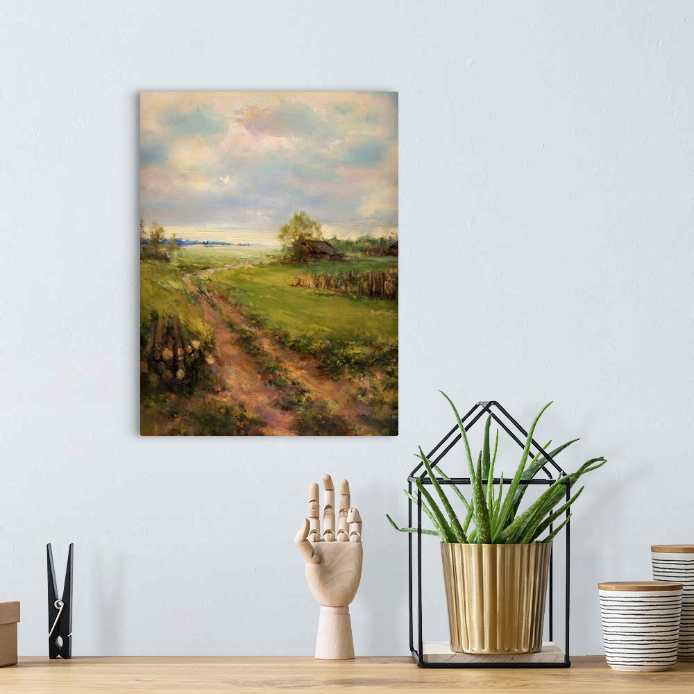 A bohemian room featuring Rural retro scene, originally an oil painting on canvas.