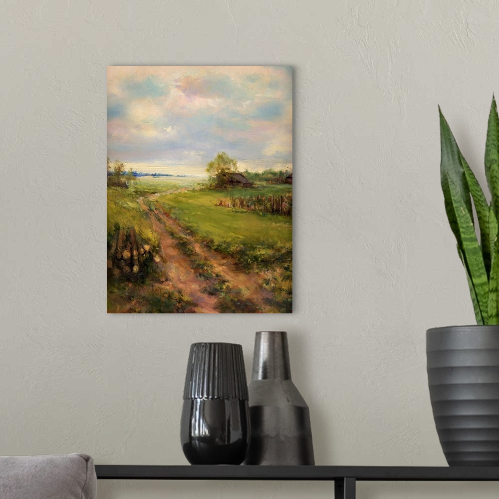 A modern room featuring Rural retro scene, originally an oil painting on canvas.