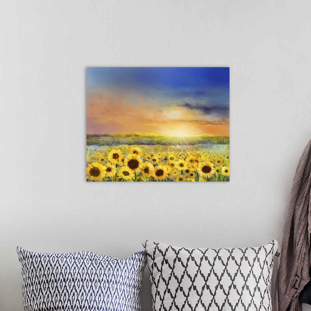 A bohemian room featuring Rural Sunset Landscape With A Golden Sunflower Field