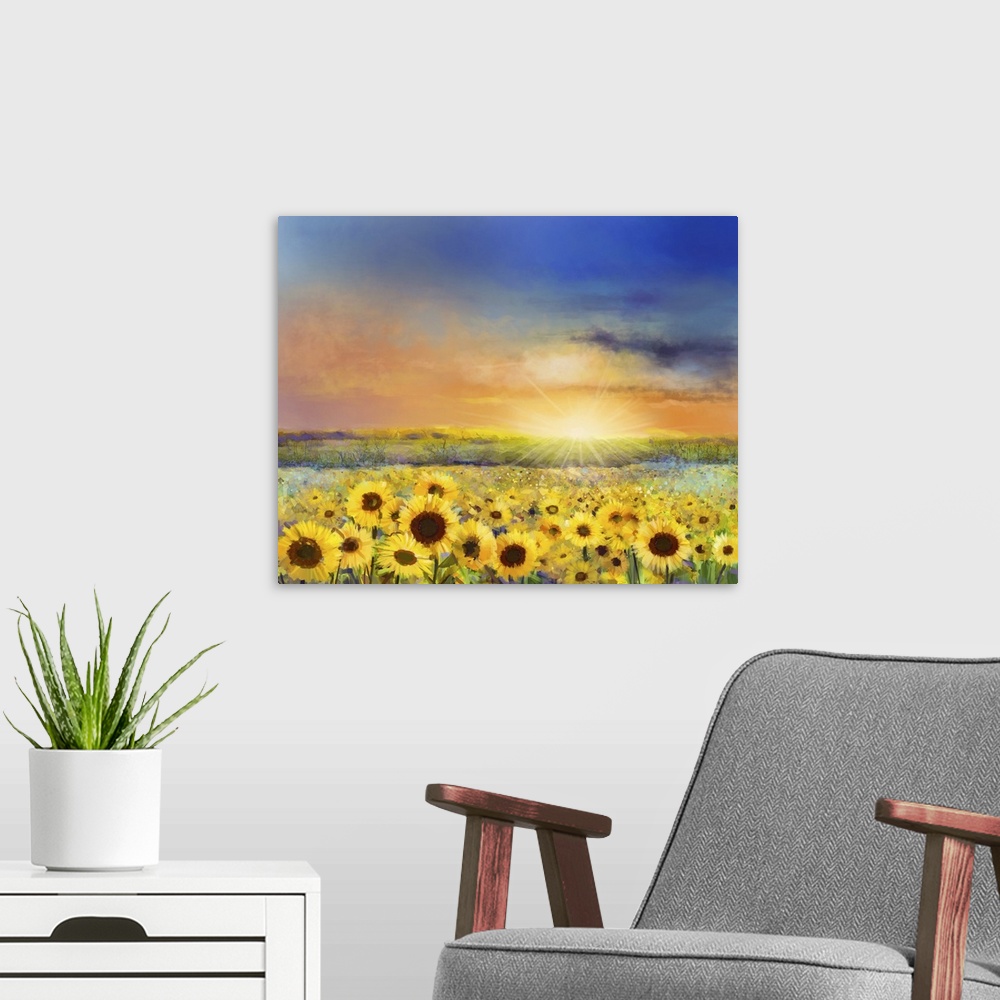 A modern room featuring Rural Sunset Landscape With A Golden Sunflower Field