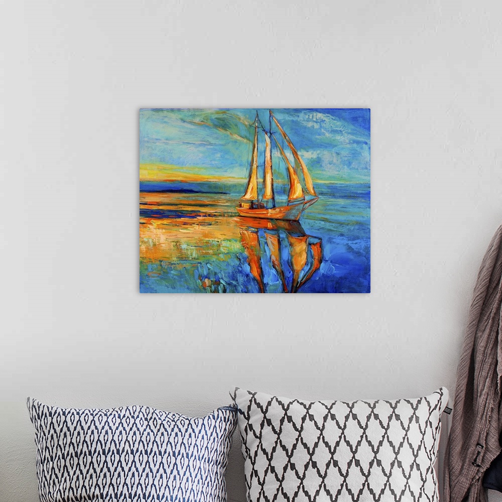 A bohemian room featuring Originally an oil painting of a ship and sea on canvas. Sunset over ocean. Modern impressionism.