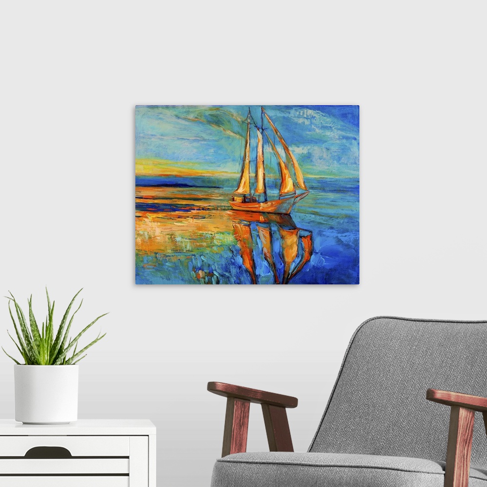 A modern room featuring Originally an oil painting of a ship and sea on canvas. Sunset over ocean. Modern impressionism.