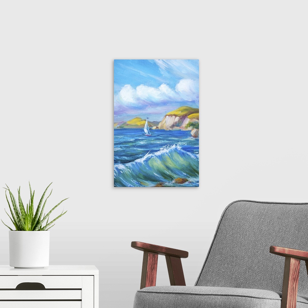 A modern room featuring Sailing boat in the sea. Originally an oil painting.