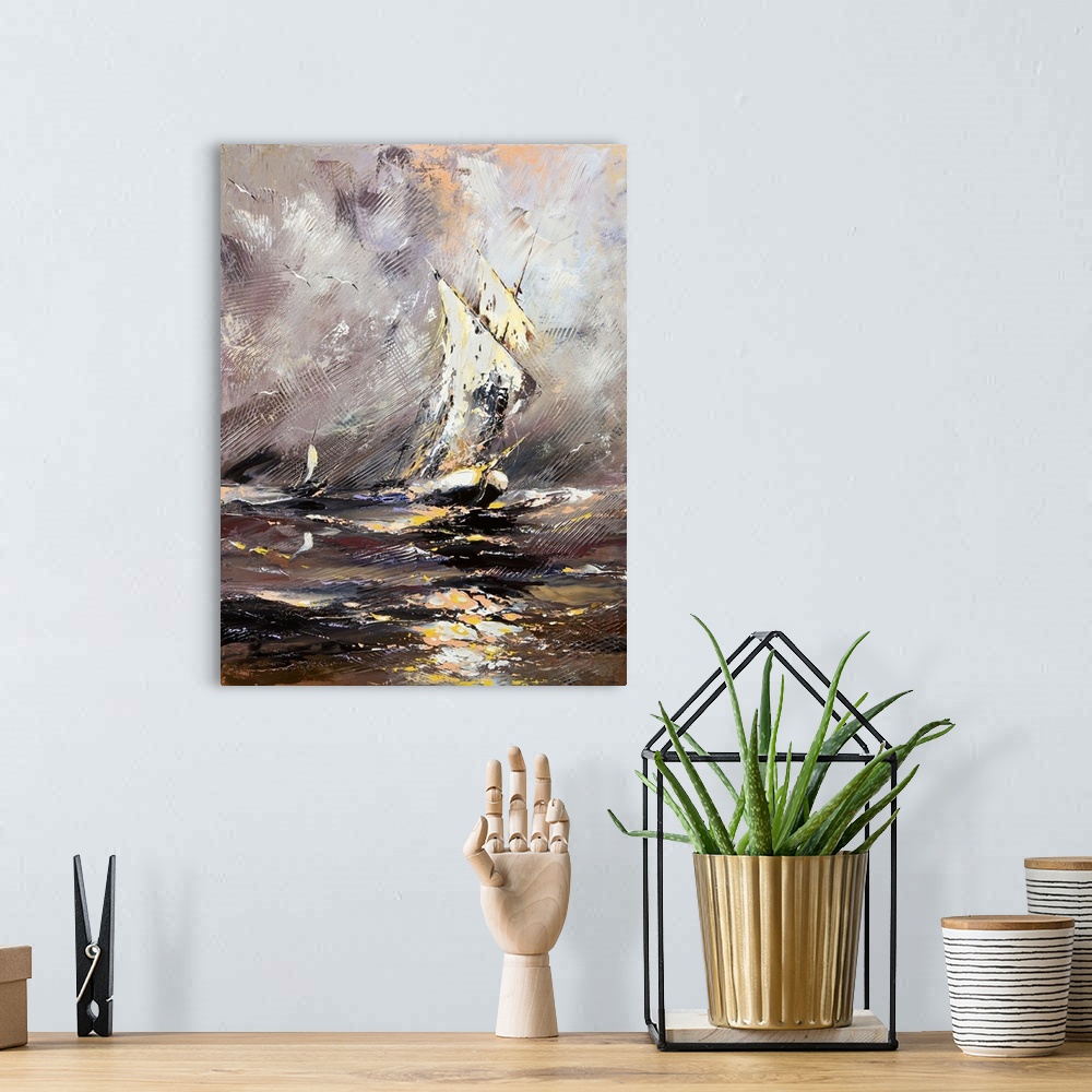 A bohemian room featuring Sailing vessel in a stormy sea.