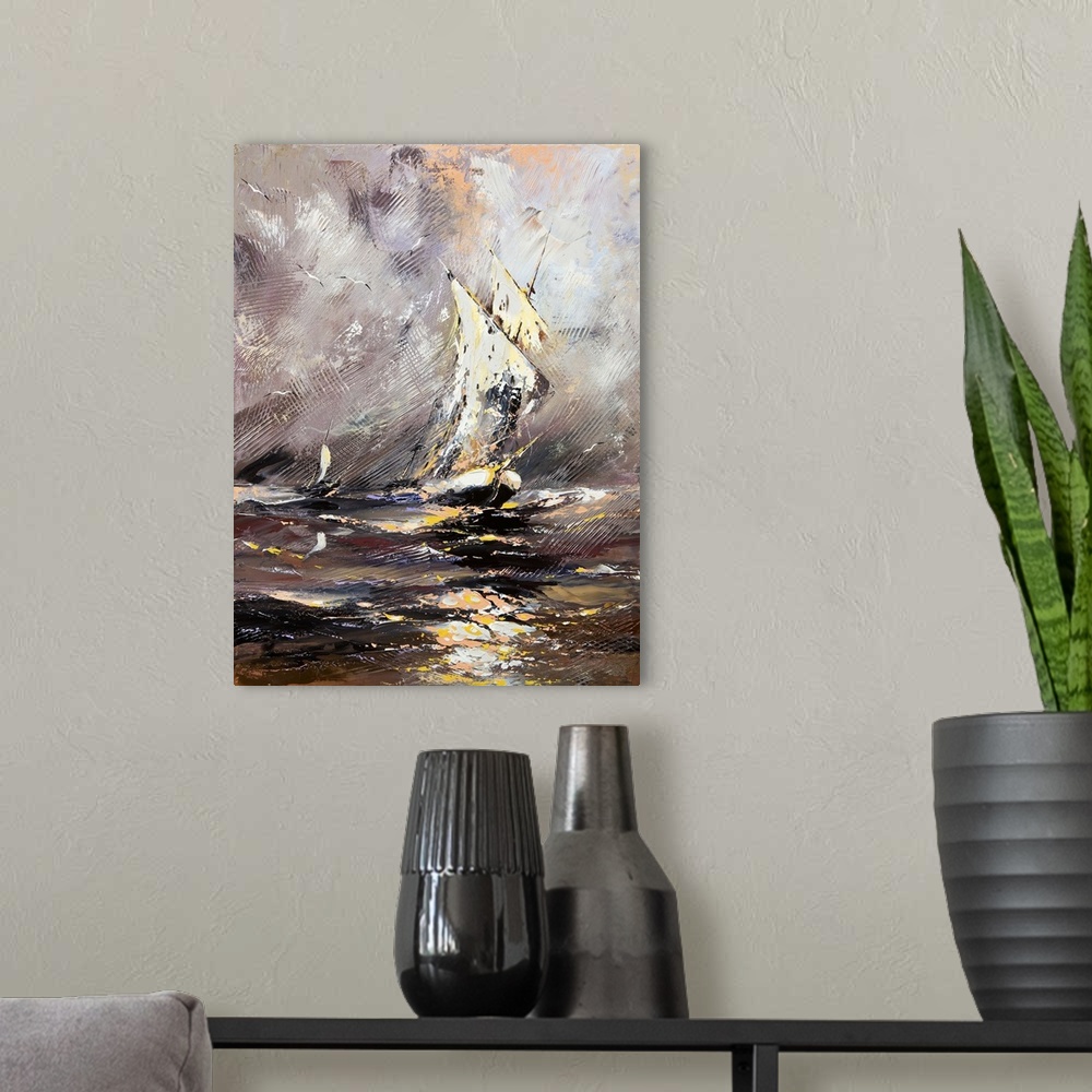 A modern room featuring Sailing vessel in a stormy sea.