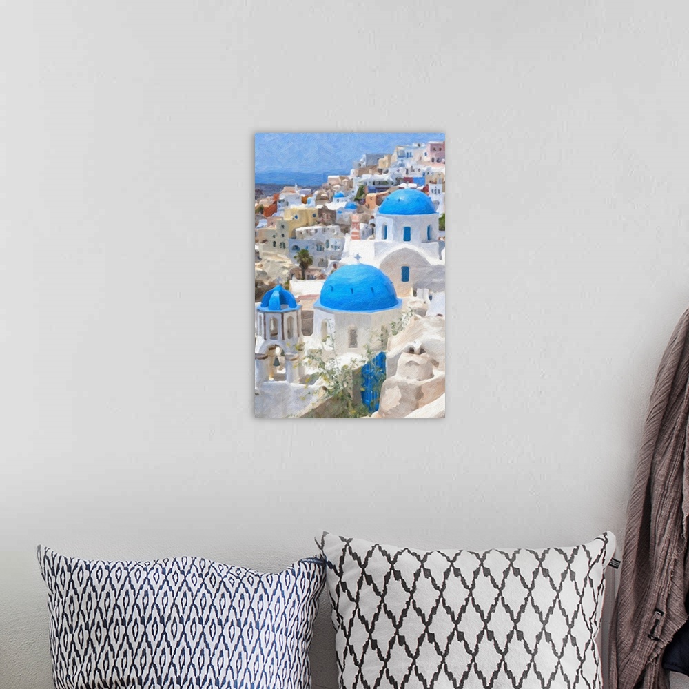 A bohemian room featuring Originally a digital oil painting of a few of the famous blue domed churches from Oia on the Gree...