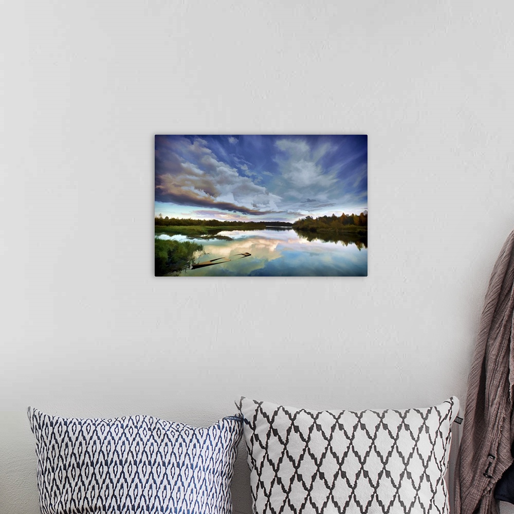 A bohemian room featuring Scenic river landscape illustrated with beautiful sky.