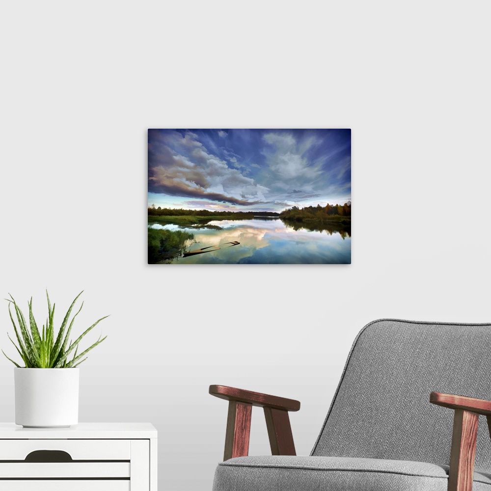 A modern room featuring Scenic river landscape illustrated with beautiful sky.