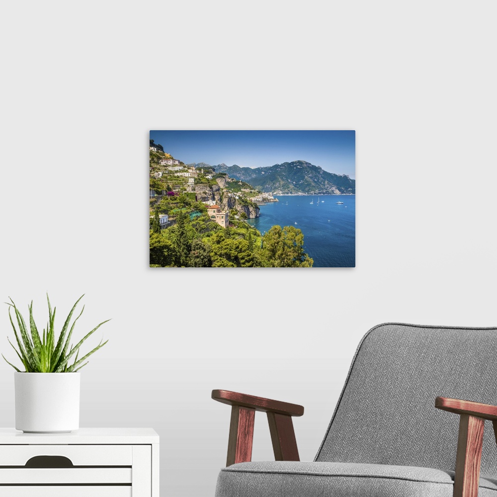 A modern room featuring Scenic picture-postcard view of famous Amalfi coast with beautiful gulf of Salerno, Campania, Italy.