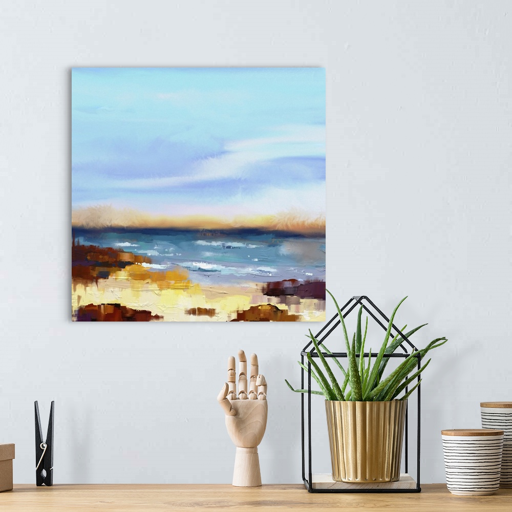 A bohemian room featuring Originally an abstract oil painting seascape on canvas. Semi- abstract image of sea and beach wit...