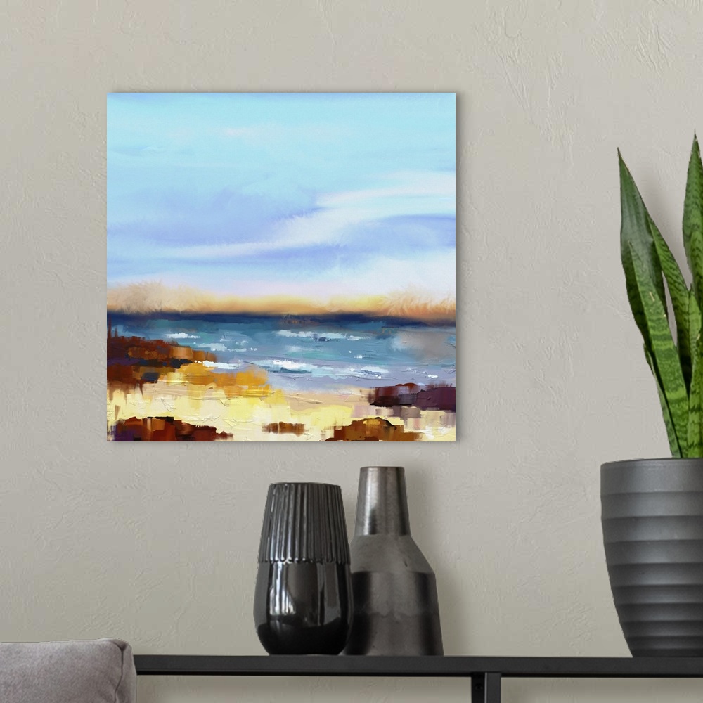 A modern room featuring Originally an abstract oil painting seascape on canvas. Semi- abstract image of sea and beach wit...