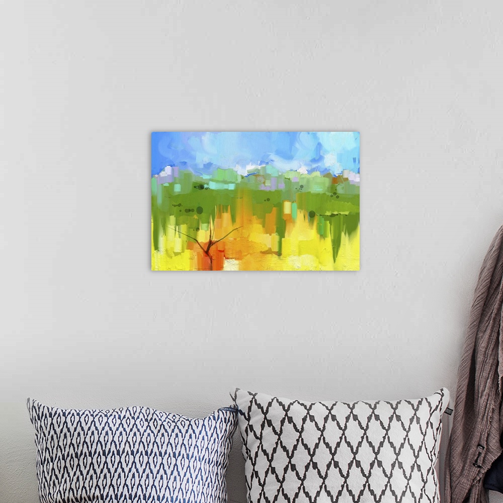 A bohemian room featuring Originally an abstract oil painting landscape on canvas. Semi- abstract image of tree in yellow a...