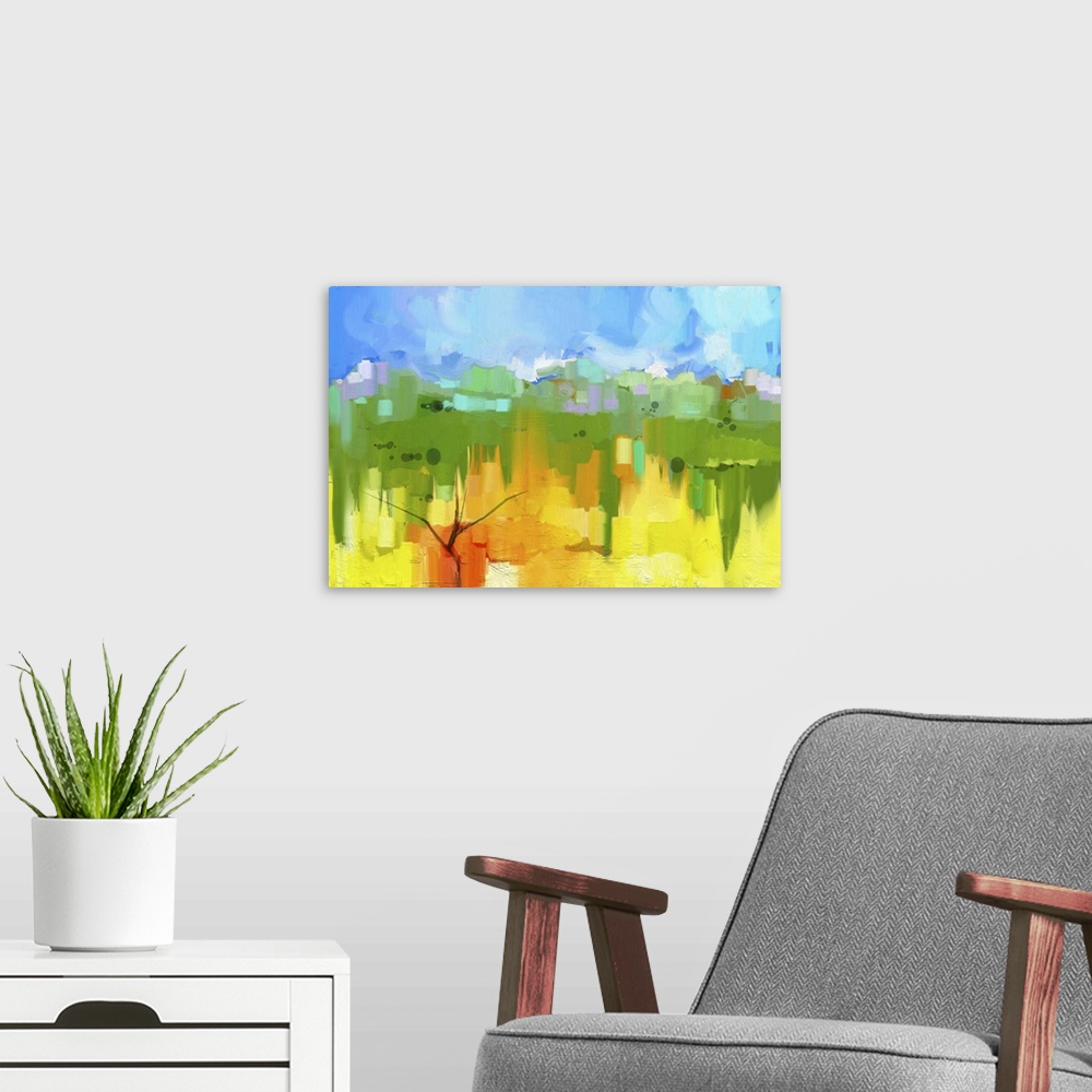 A modern room featuring Originally an abstract oil painting landscape on canvas. Semi- abstract image of tree in yellow a...
