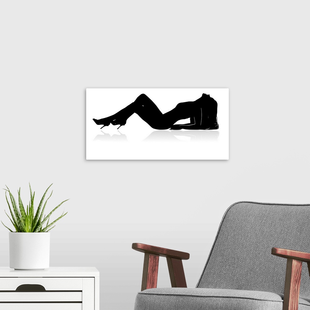 A modern room featuring A silhouette of a sexy woman.
