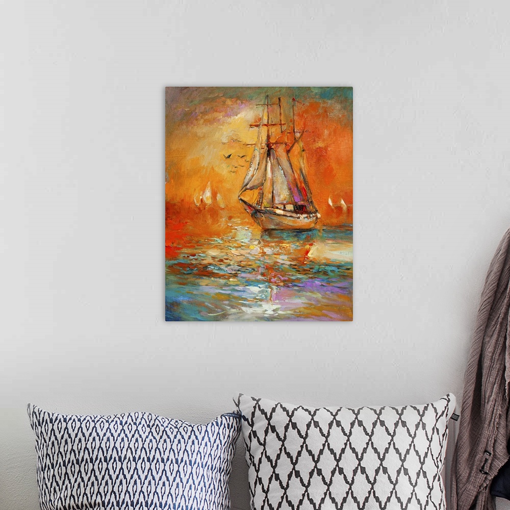 A bohemian room featuring Originally an oil painting of a ship and sea on canvas. Golden sunset over ocean. Modern impressi...