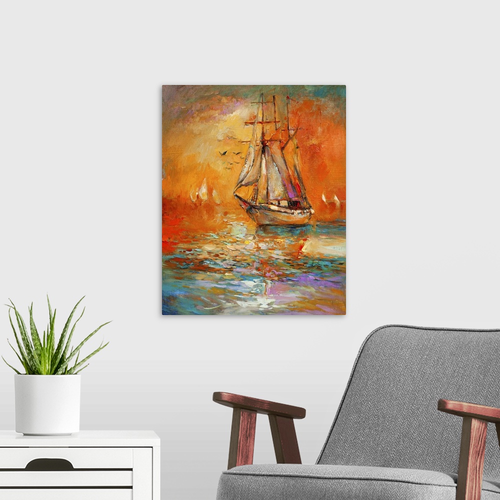 A modern room featuring Originally an oil painting of a ship and sea on canvas. Golden sunset over ocean. Modern impressi...