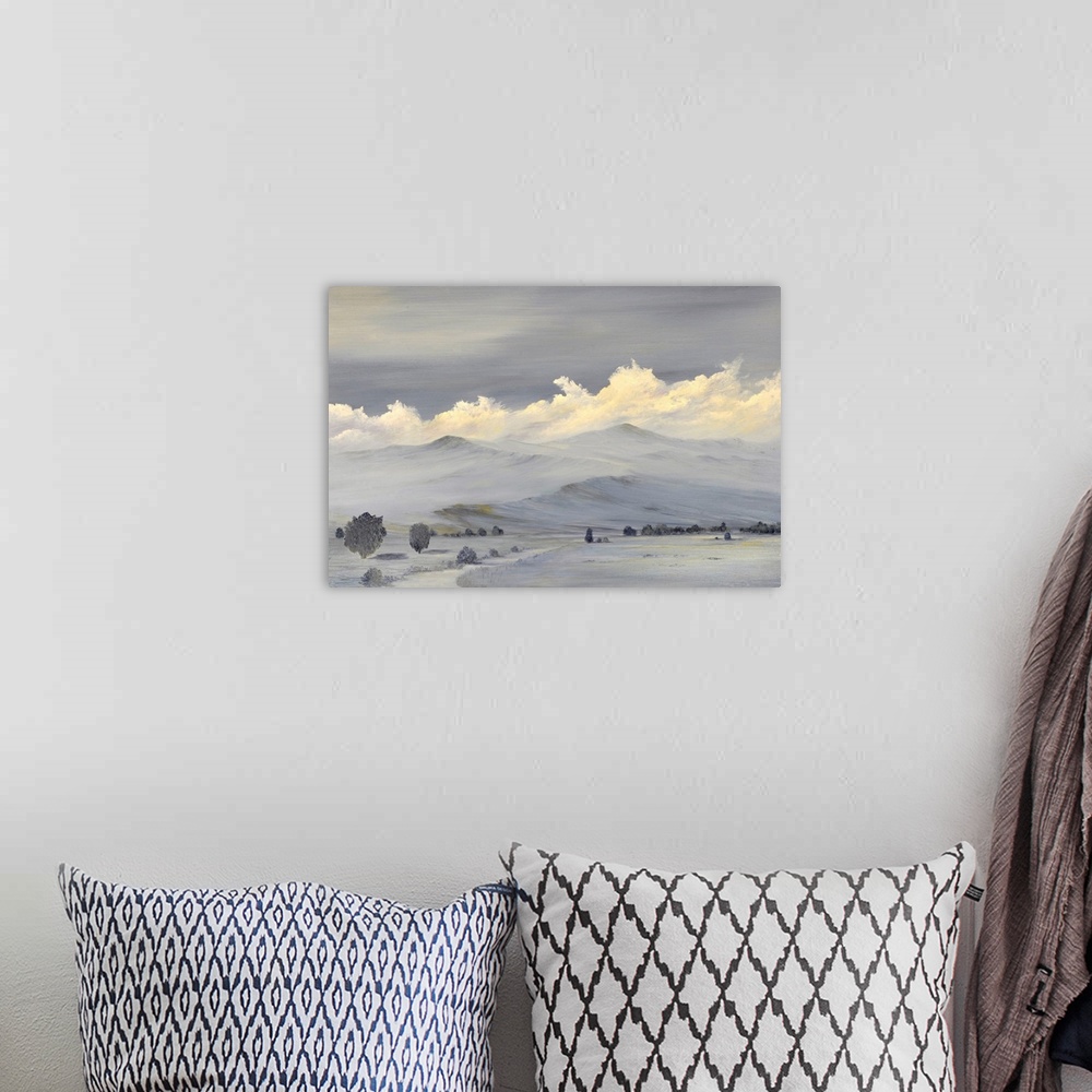 A bohemian room featuring Originally an oil painting of the Sierra Nevada Mountain Range.