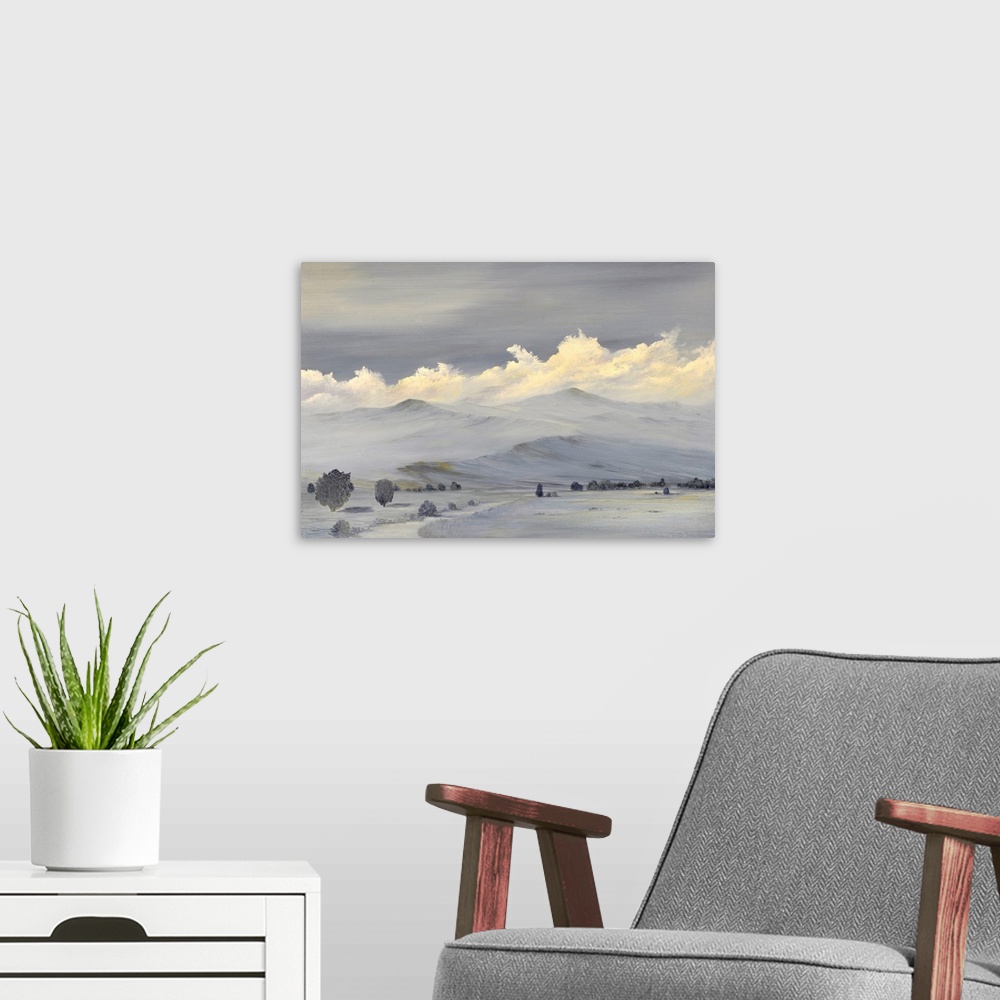A modern room featuring Originally an oil painting of the Sierra Nevada Mountain Range.