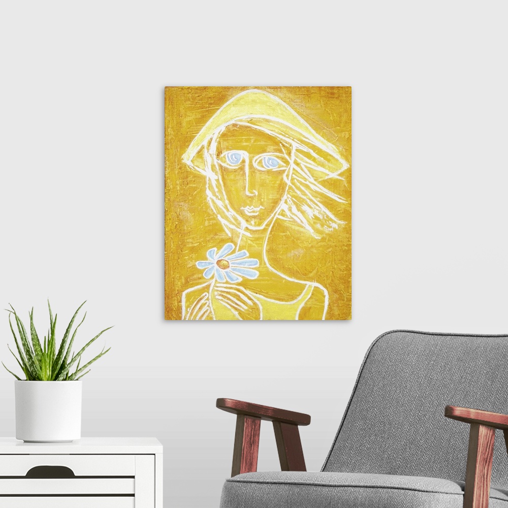 A modern room featuring Originally an abstract acrylic painting. Silhouette of sunny girl with blue eyes and blue flower ...