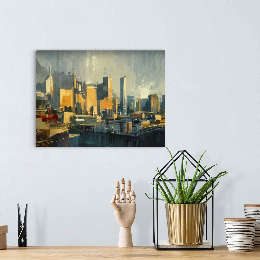 A bohemian room featuring Cityscape painting of urban sky-scrapers at sunset.
