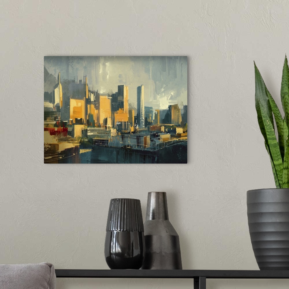 A modern room featuring Cityscape painting of urban sky-scrapers at sunset.