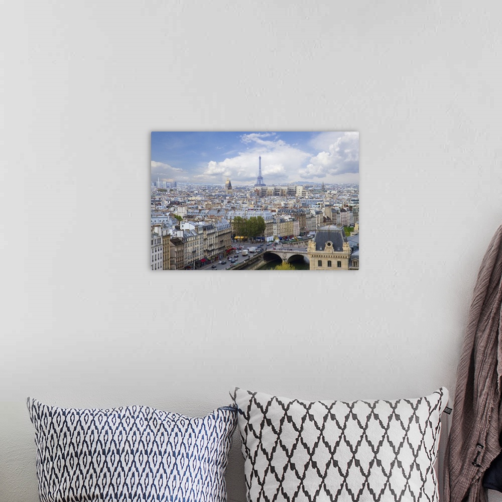 A bohemian room featuring Skyline of Paris city with blue sky, France.