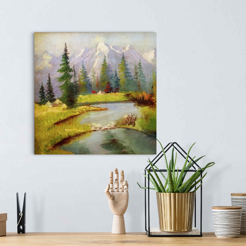 A bohemian room featuring Beautiful originally an oil painting landscape on canvas.