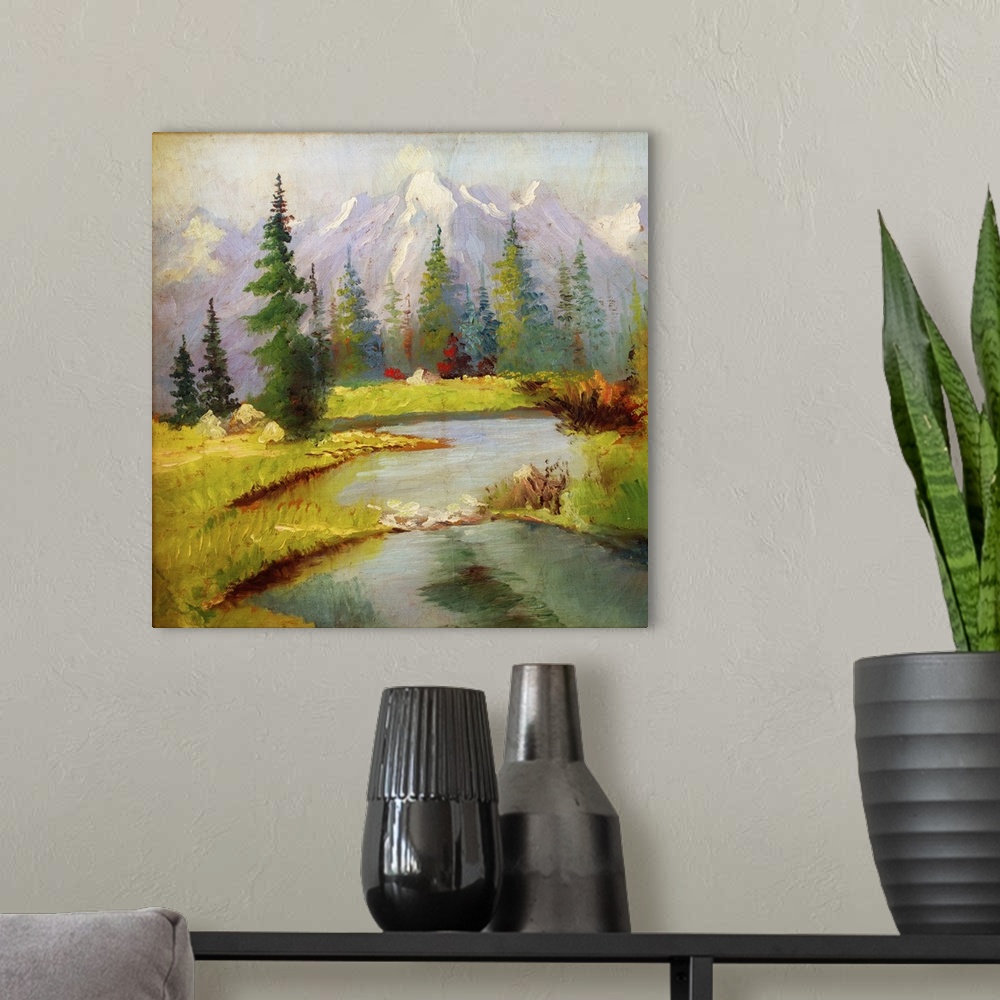 A modern room featuring Beautiful originally an oil painting landscape on canvas.