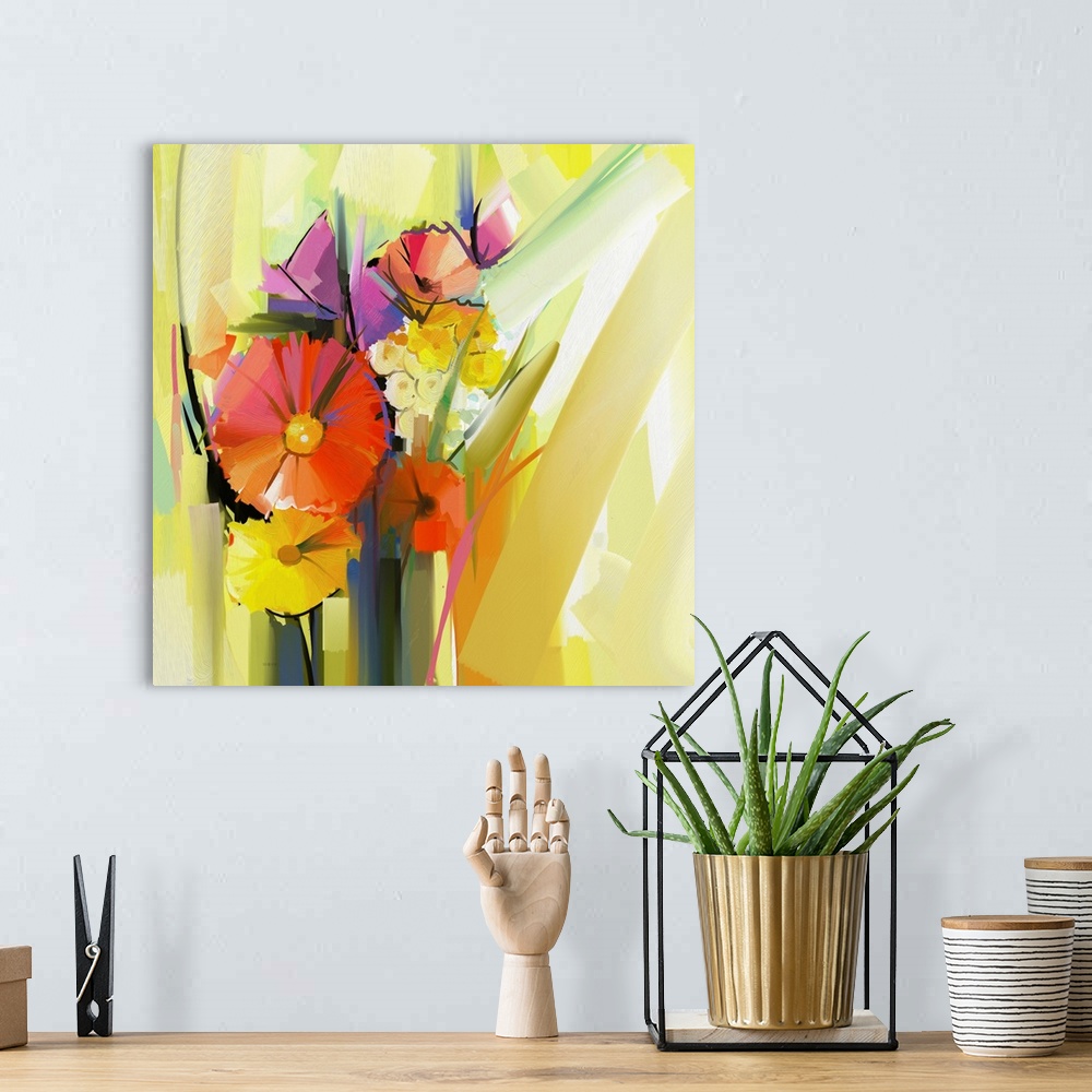 A bohemian room featuring Originally an abstract oil painting of spring flower. Still life of yellow and red gerbera flower...