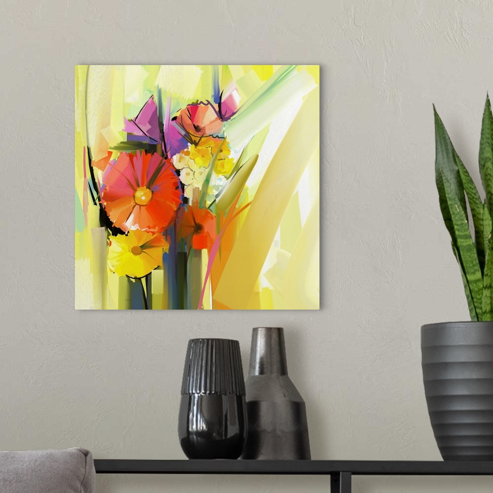 A modern room featuring Originally an abstract oil painting of spring flower. Still life of yellow and red gerbera flower...