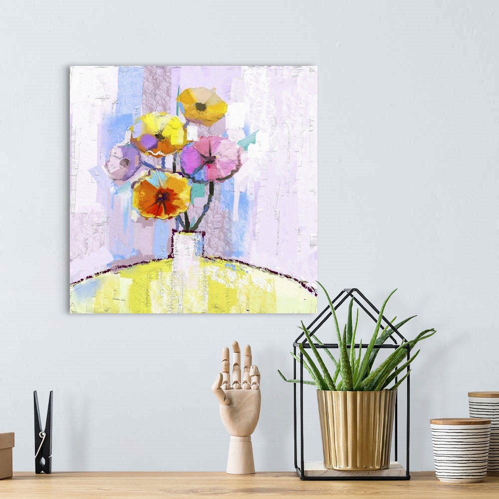 A bohemian room featuring Originally an abstract oil painting of spring flower. Still life of yellow, pink and red gerbera....