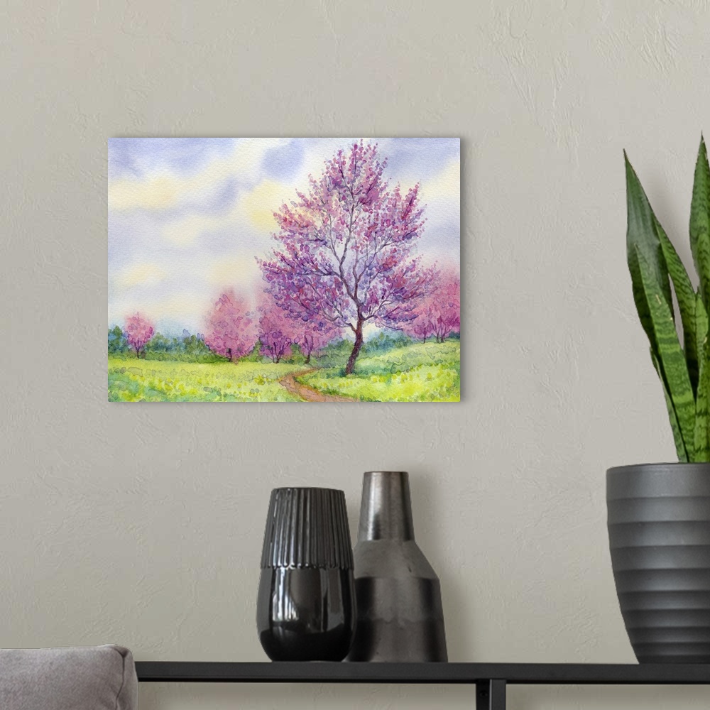 A modern room featuring Originally a watercolor spring landscape. Flowering tree in a field beside the path.