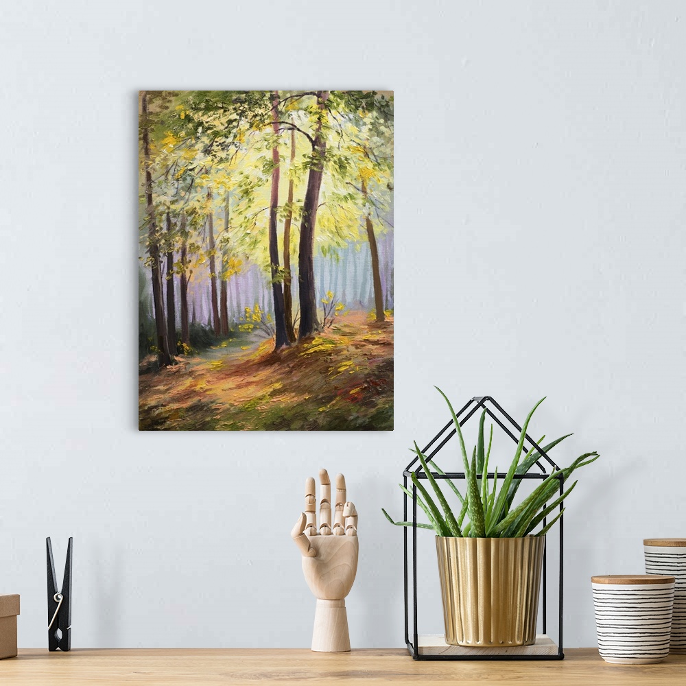 A bohemian room featuring Spring landscape, trees, forest. Originally a colorful oil painting.