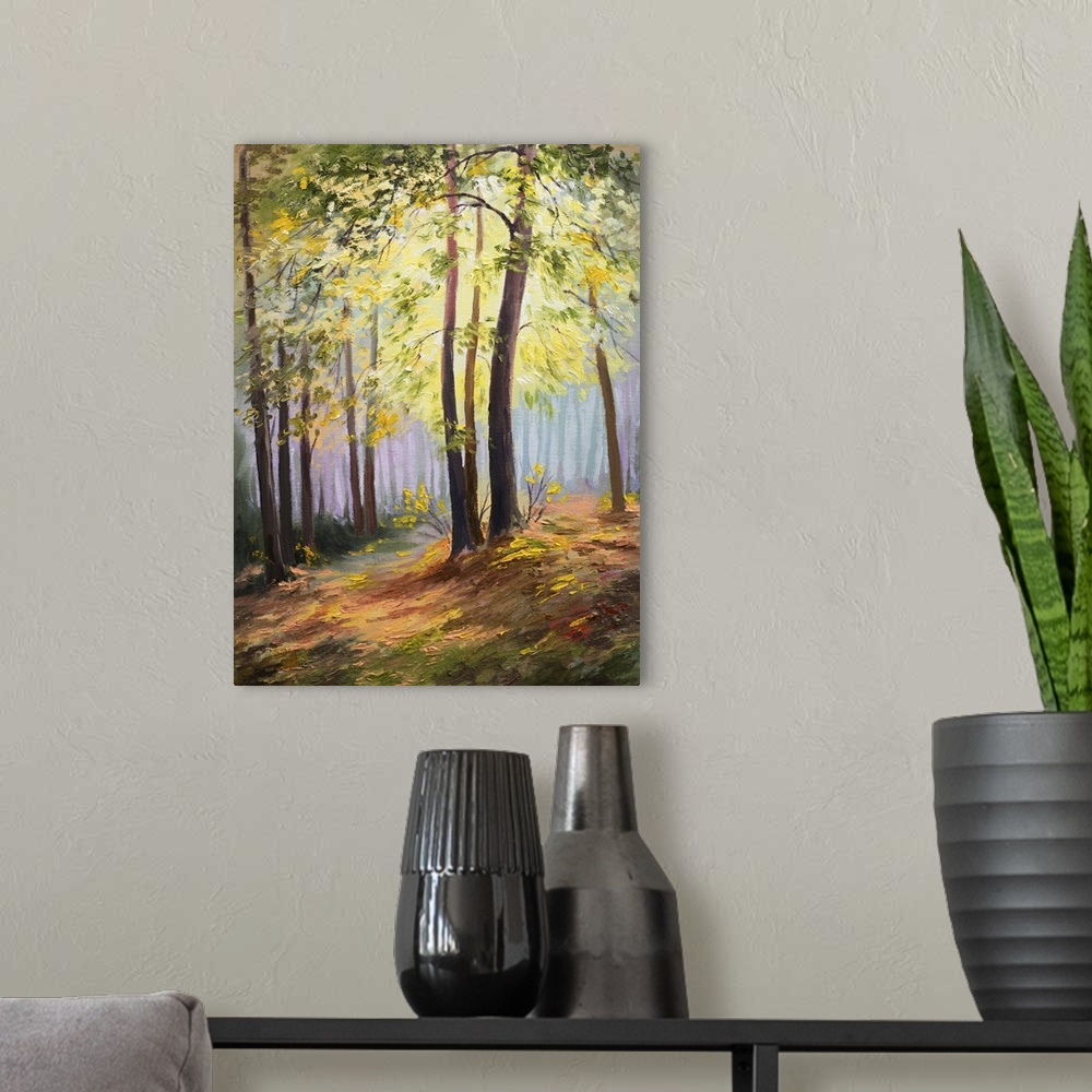A modern room featuring Spring landscape, trees, forest. Originally a colorful oil painting.