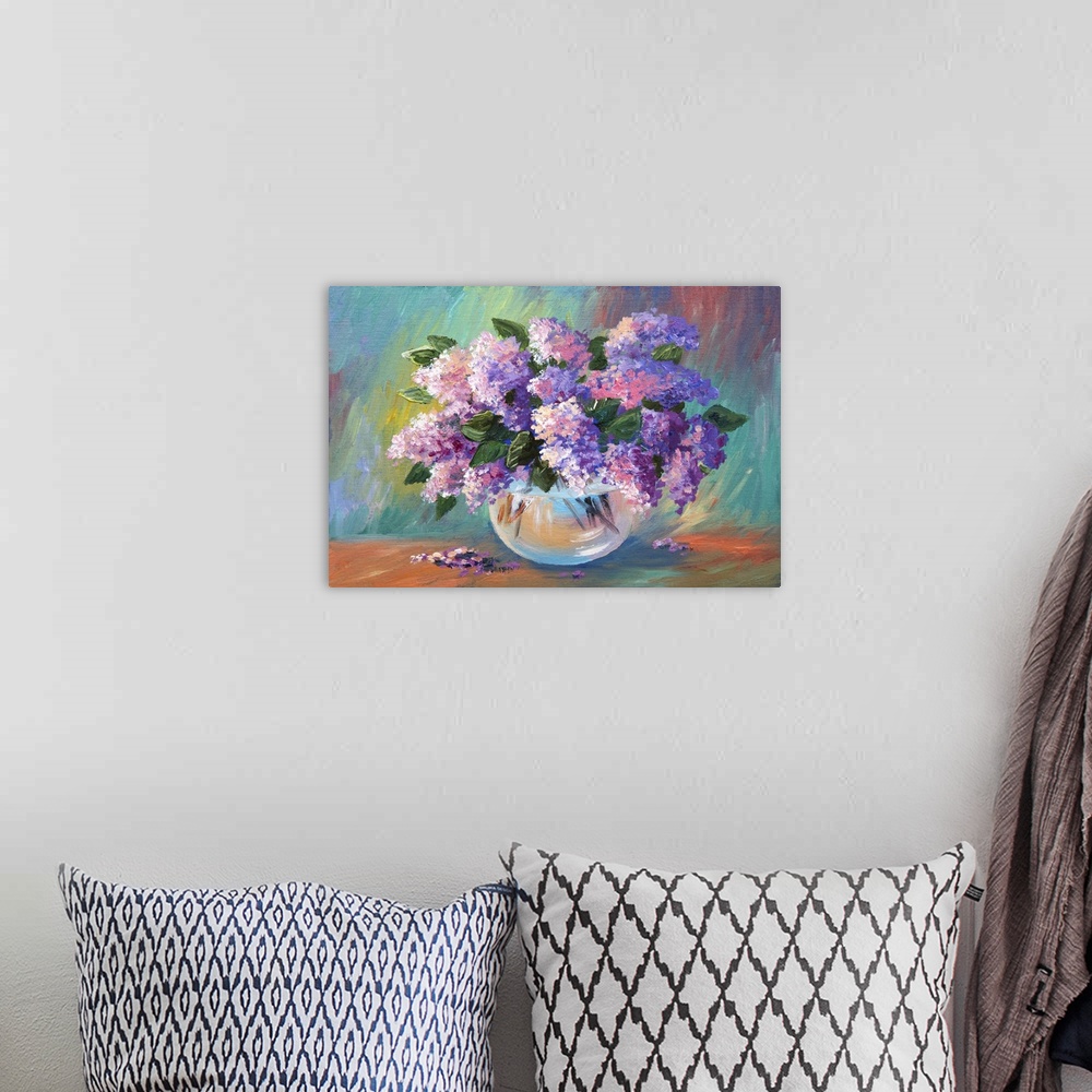 A bohemian room featuring Originally an oil painting of spring lilac in a vase on canvas.