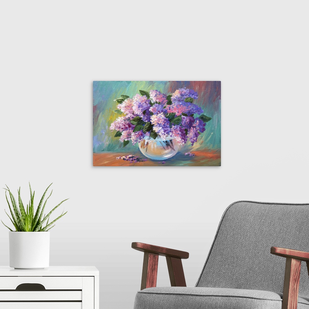 A modern room featuring Originally an oil painting of spring lilac in a vase on canvas.