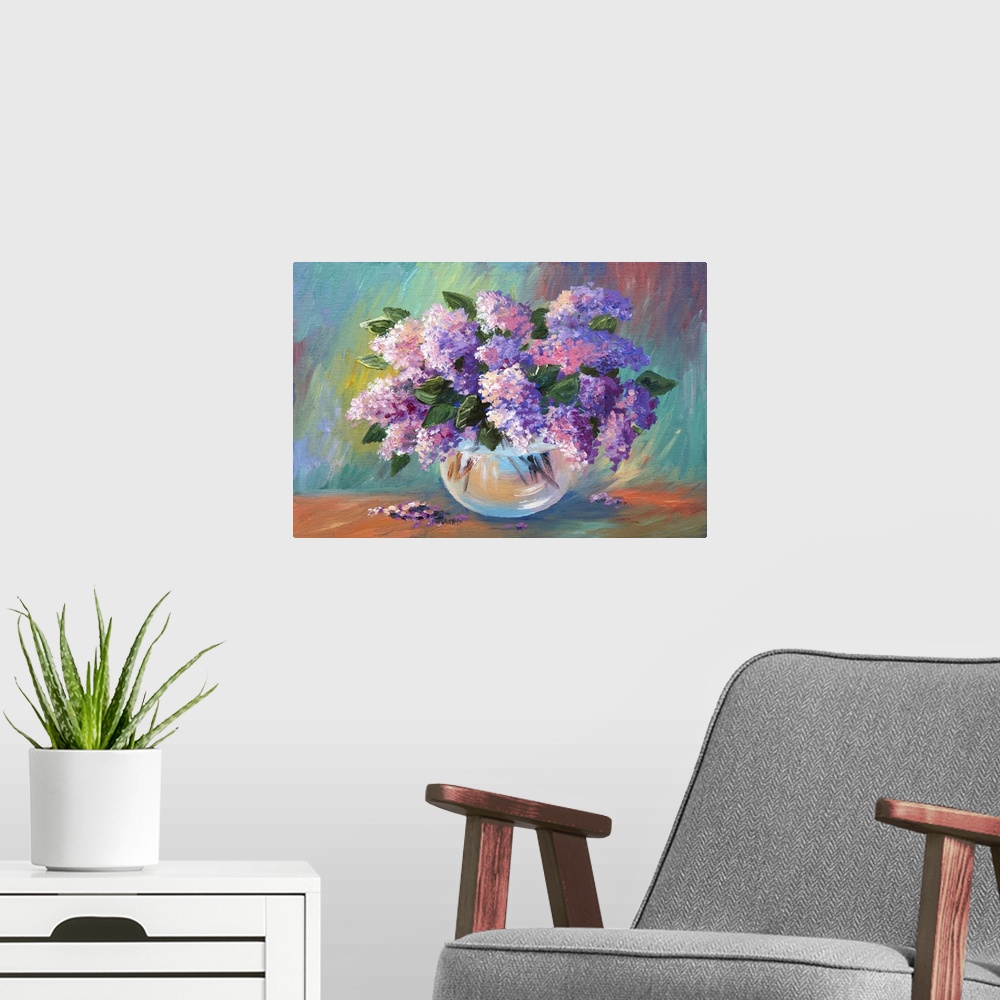 A modern room featuring Originally an oil painting of spring lilac in a vase on canvas.