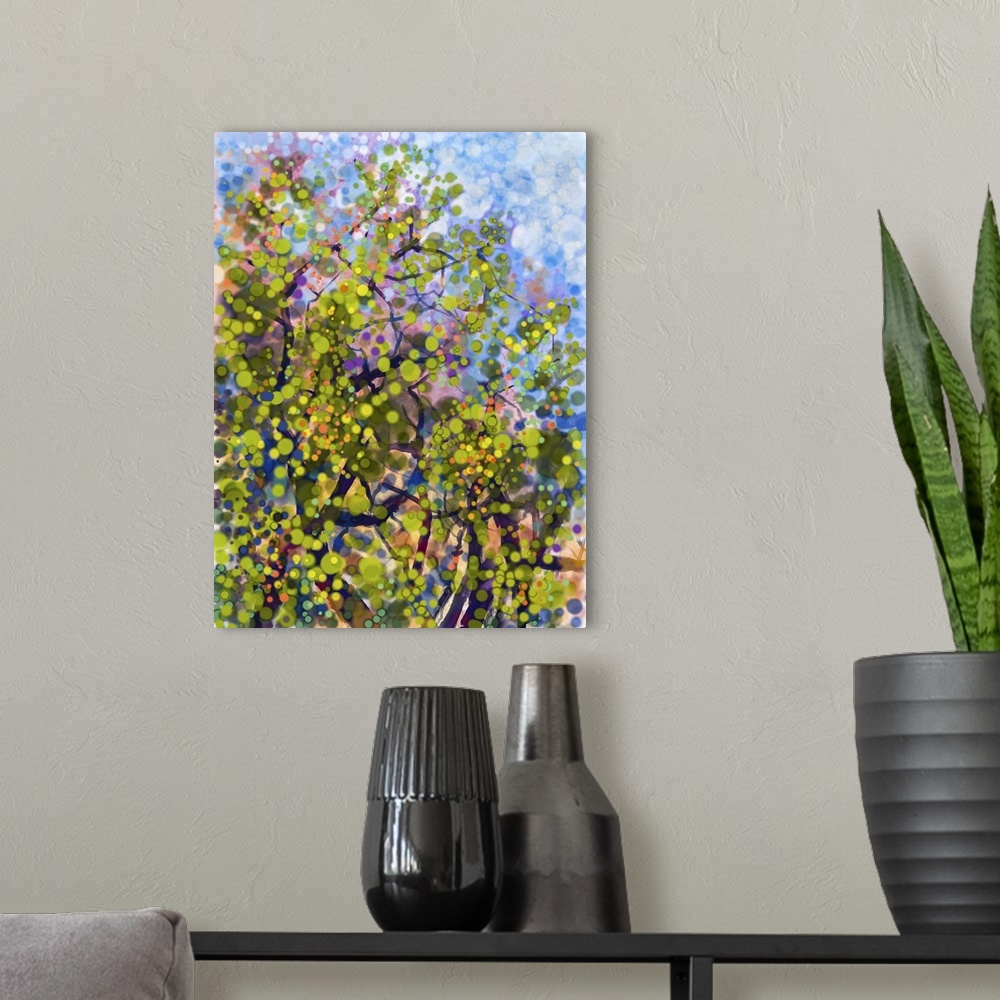 A modern room featuring Originally an abstract watercolor painting. Spring nature season with yellow flowers tree, on gru...