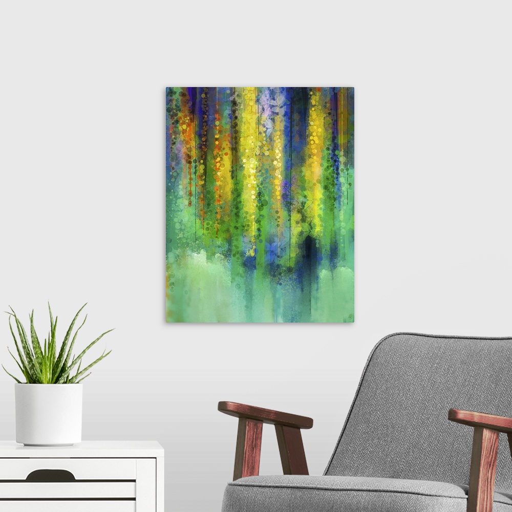 A modern room featuring Abstract yellow color flowers. Originally a watercolor painting. Spring yellow flowers wisteria t...