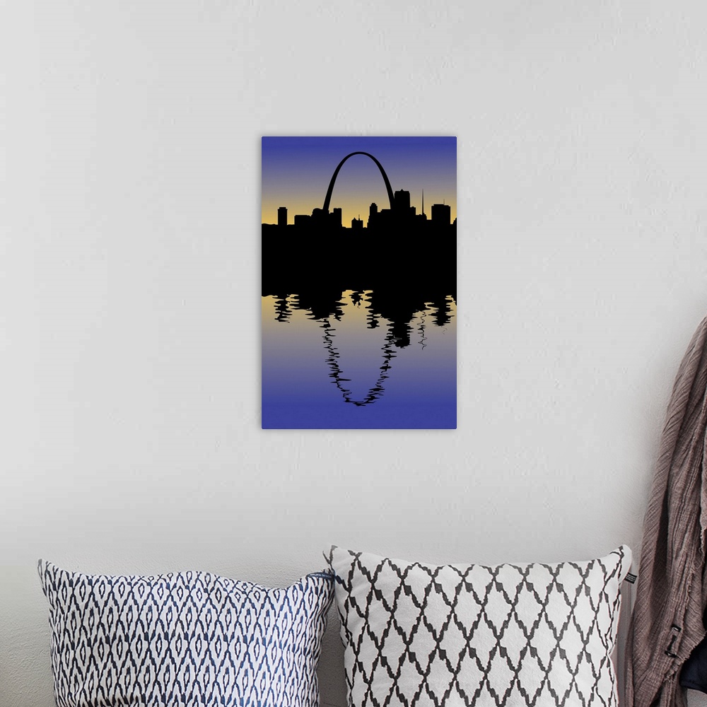 A bohemian room featuring A silhouette of downtown Saint Louis, Missouri. It's reflection appears in the Mississippi.
