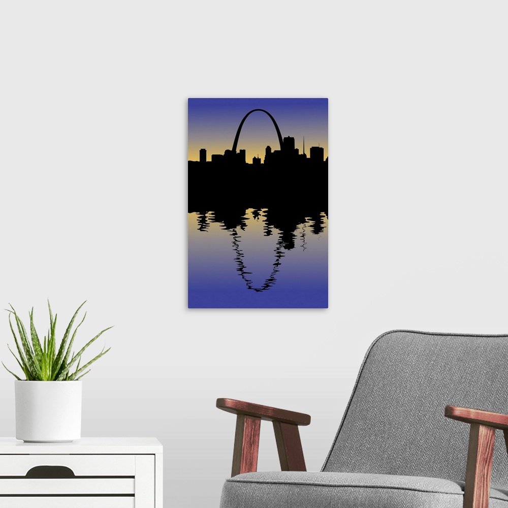 A modern room featuring A silhouette of downtown Saint Louis, Missouri. It's reflection appears in the Mississippi.