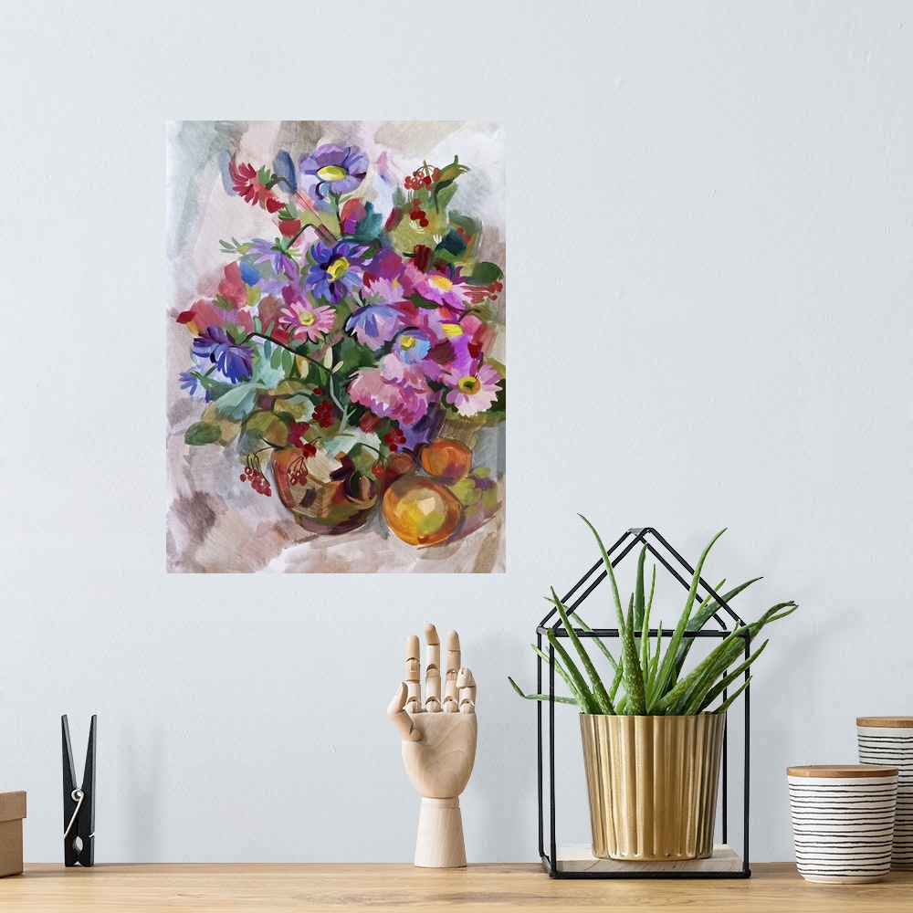 A bohemian room featuring Still life a bouquet of flowers. Originally hand-drawn in gouache.