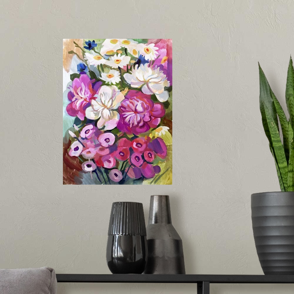 A modern room featuring Still life a bouquet of flowers. Originally hand-drawn in gouache.