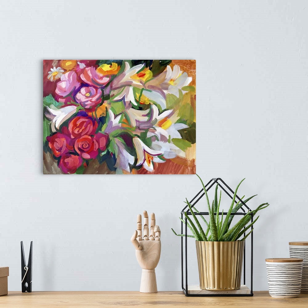 A bohemian room featuring Still life a bouquet of flowers. Originally a hand-drawn in gouache.