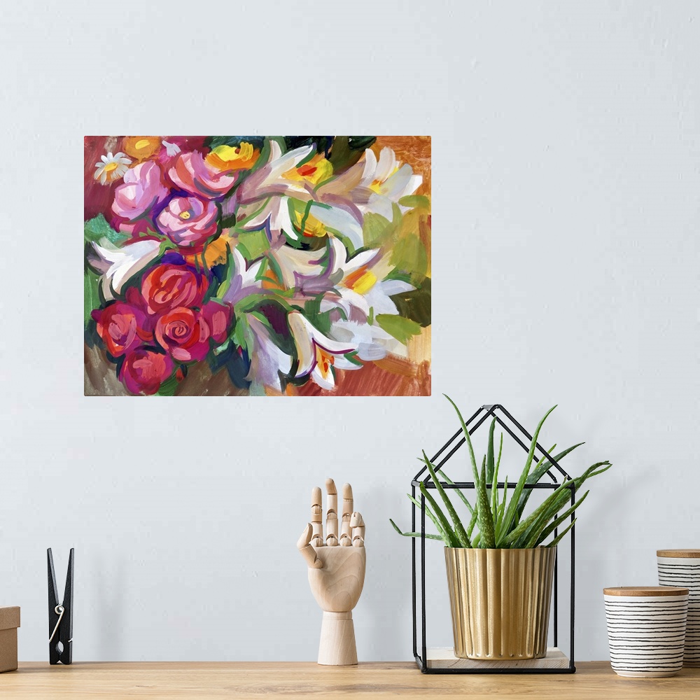 A bohemian room featuring Still life a bouquet of flowers. Originally a hand-drawn in gouache.